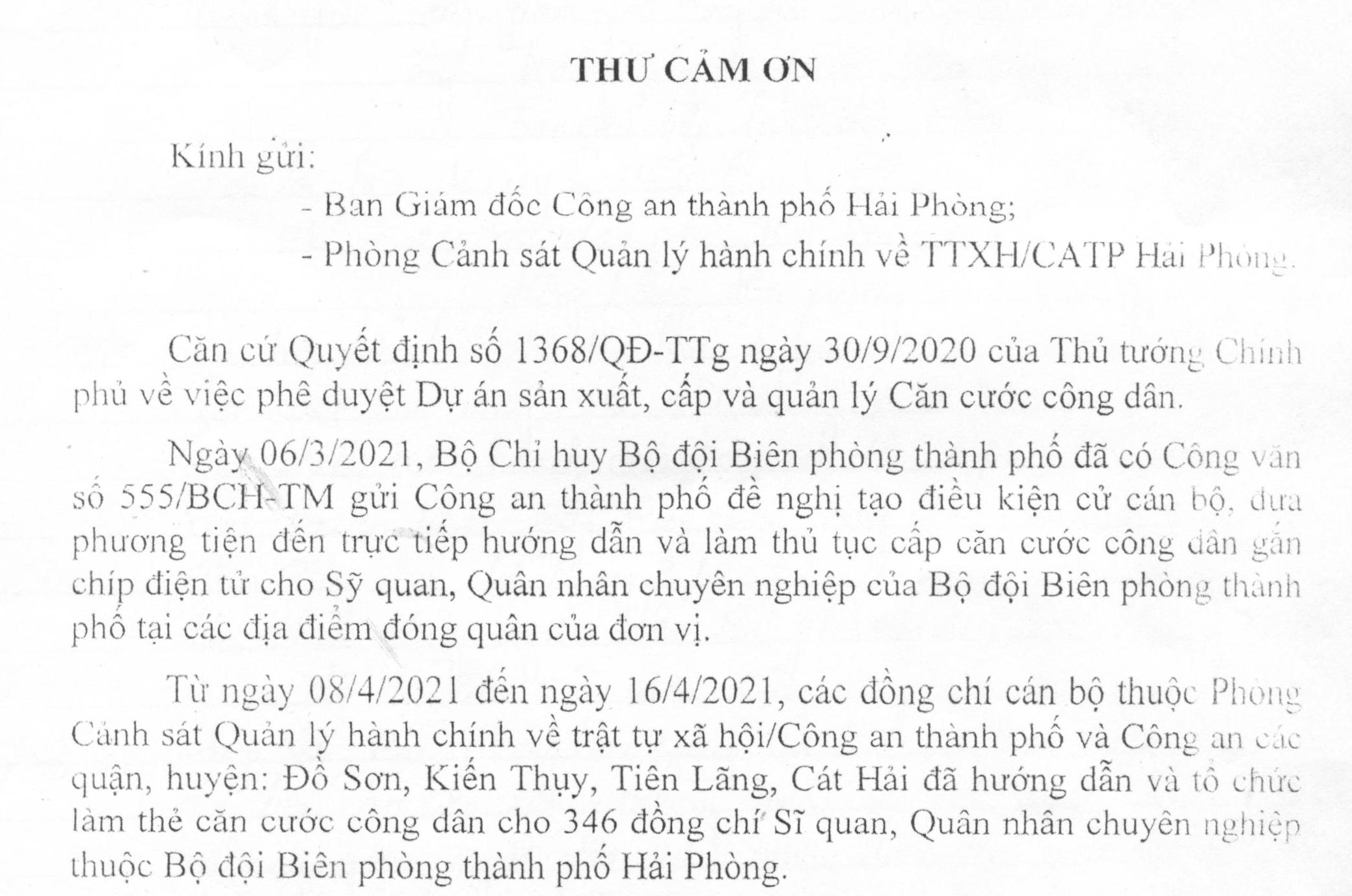 Bộ Chỉ huy Bộ đội Biên phòng thành phố Hải Phòng gửi thư cảm ơn về việc cấp căn cước công dân gắn chíp điện tử lưu động